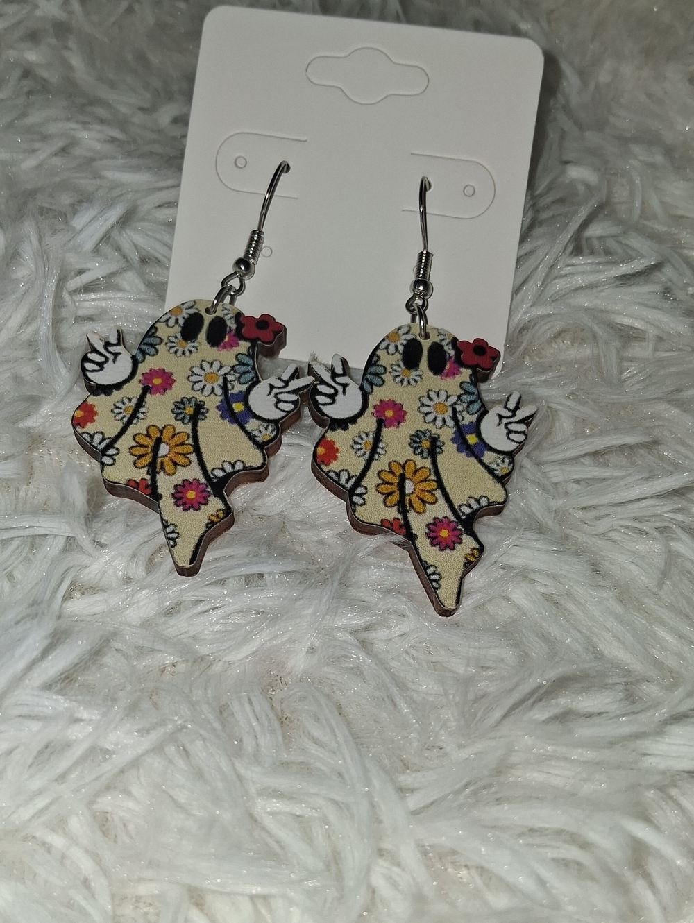 Floral Ghost Wooden Dangle Earrings - Yellow